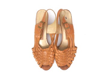 Sandalias de cuero marrón estilo vintage de verano, tipo huaraches, sin cordones, con cuña, talla 7 de mujer.