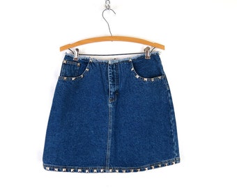 90s Studded Jean Skirt Vintage 1990s Denim Mini Skirt Dark Blue Y2K Denim Skirt Women's 29 Inch Waist / maq