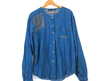 90s Vintage Blue Jean Shirt Painted Sunflowers Button Up Shirt Women's 3X
