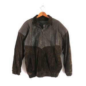 90s Brown Suede Leather Bomber Coat | Vintage COMMIT Bomber Jacket | Size Medium