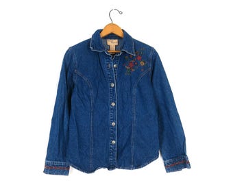 90er Jahre Jeans Shirt mit Blumen Stickerei Vintage Button Up Besticktes Jeanshemd Damen S S