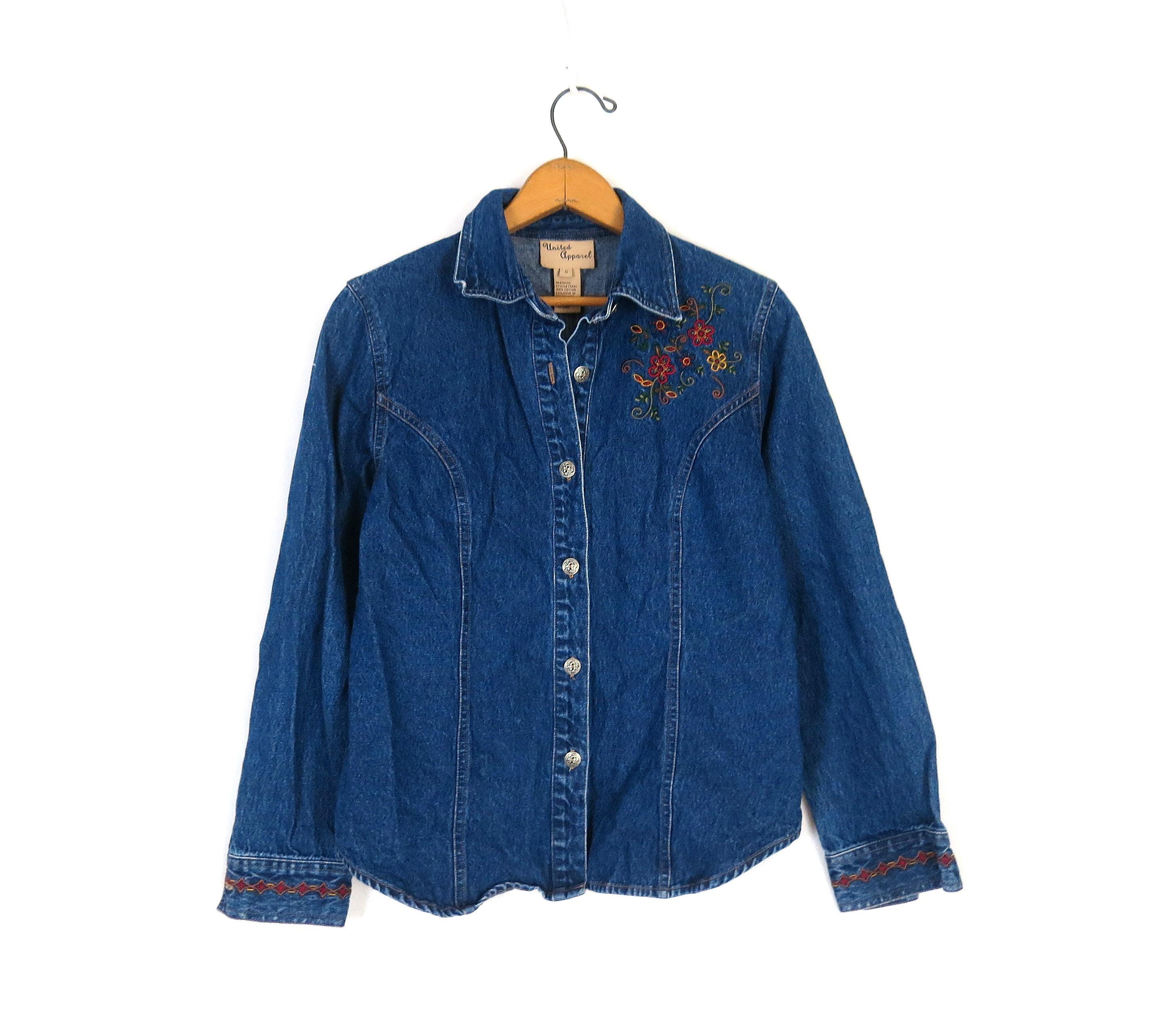 90's Embroidered Denim Shirt Women - Etsy
