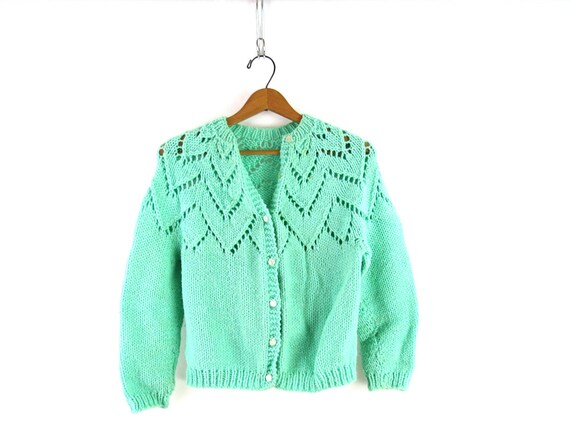 DirtyBirdiesVintage 1960s Cardigan Sweater Vintage Button Up Sweater Mint Green Crochet Cardigan Sweater Women's Size Small