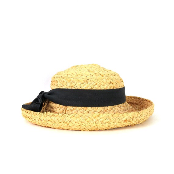 Vintage Woven Raffia Straw Hat with Black Bow | M… - image 1