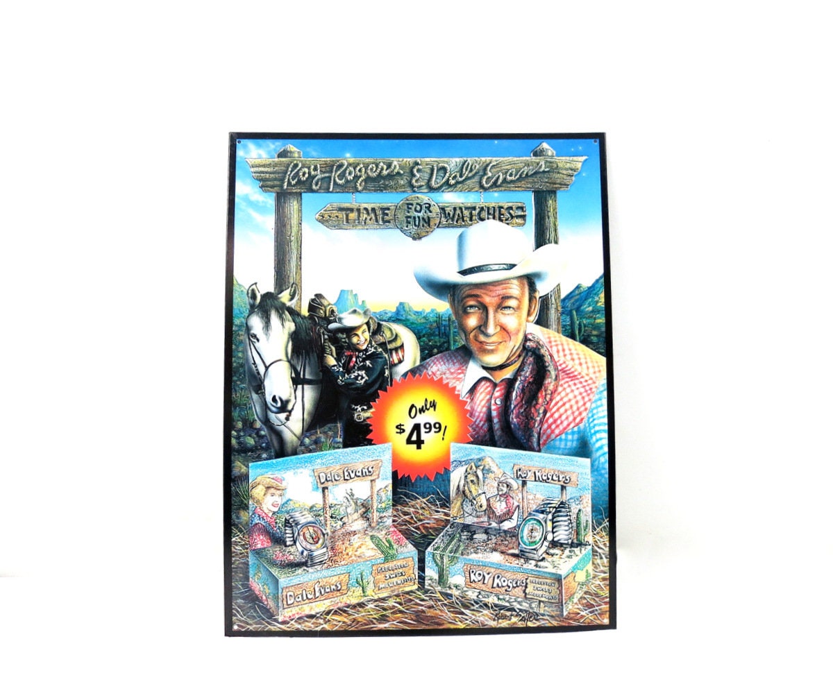Vintage 1990s Roy Rogers & Dale Evans Metal Watch Advertising Sign Cowboy Western Reproduction Western Decor