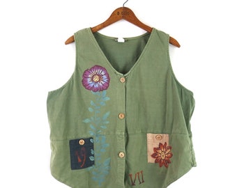 Isabel LA by Shawn Hand Painted Vest | Vintage 90s Boho Vest Top | Green Cotton Floral Vest | One Size