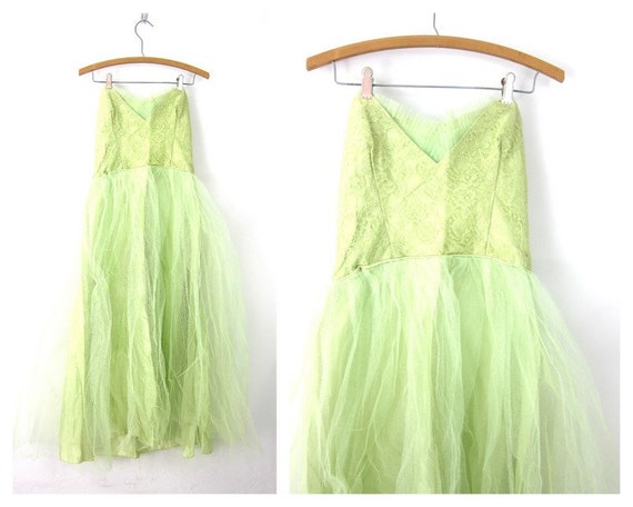 1950s GREEN Party Dress Strapless Sweetheart Top T