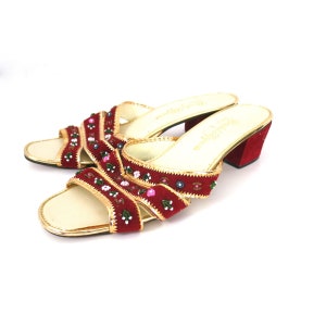 Vintage pantoffels met kralen rood fluwelen damespantoffels retro slaapkamer loungekleding bloemkralen burlesque maat 7