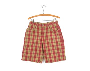 Shorts rojos a cuadros de talle alto, estilo preppy de los 90, talla 31 de cintura para mujer.