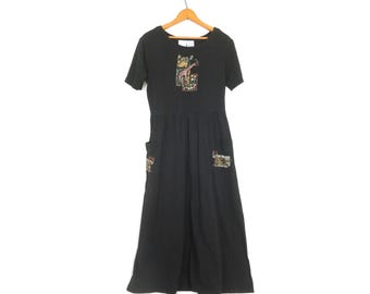 Sukienka maxi w stylu safari z nadrukiem żyrafy – czarna bawełniana z kieszeniami – rozmiar S