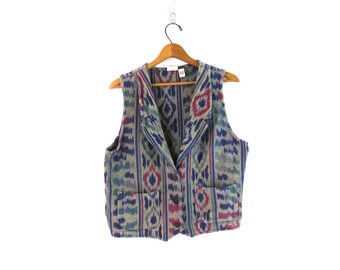 Ethnic Woven Vest Vintage Cropped Vest Top 90s Ikat Vest Bohemian Boho Aesthetic Size Medium