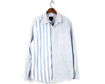 Camisa de novio de algodón / Camisa a rayas azul y blanca con botones / Camisa Oxford de los años 00 / XL