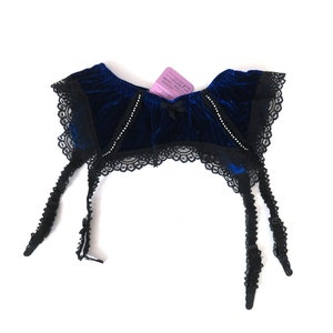 Vintage Blue Velvet Garter Belt with Rhinestones Lingerie Stocking Garter Belts Women&#39;s Small