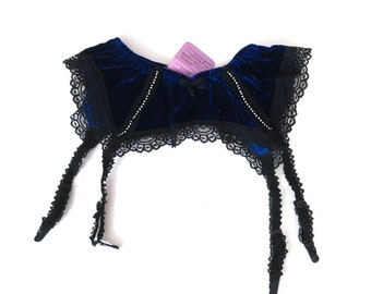 Vintage blauwfluwelen jarretelgordel met strassteentjes Lingeriekous Jarretelgordels klein dames