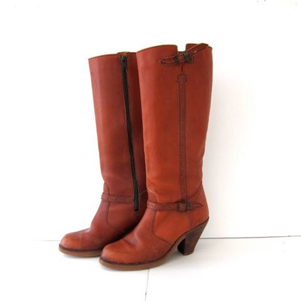 20% OFF SALE...Vintage 1970s brown leather tall cowboy boots. buckled high heel cowgirl boots.