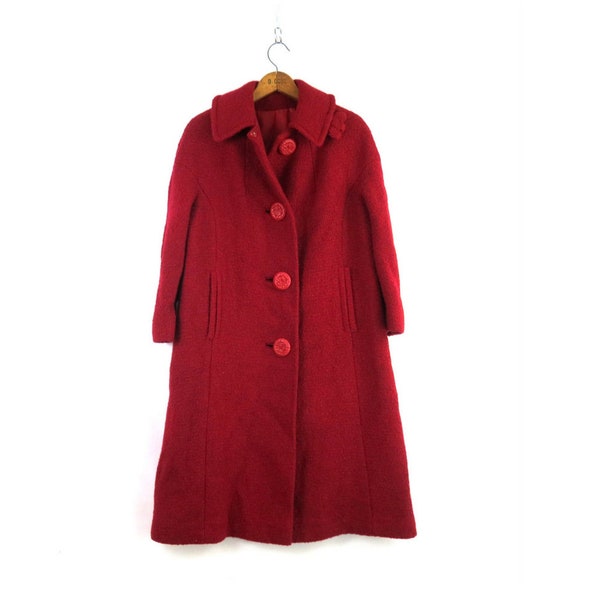 Vintage 1950s Red boucle wool winter coat | Midi Length Bettijean Dress ILGWU Coat | Women's Size / maq