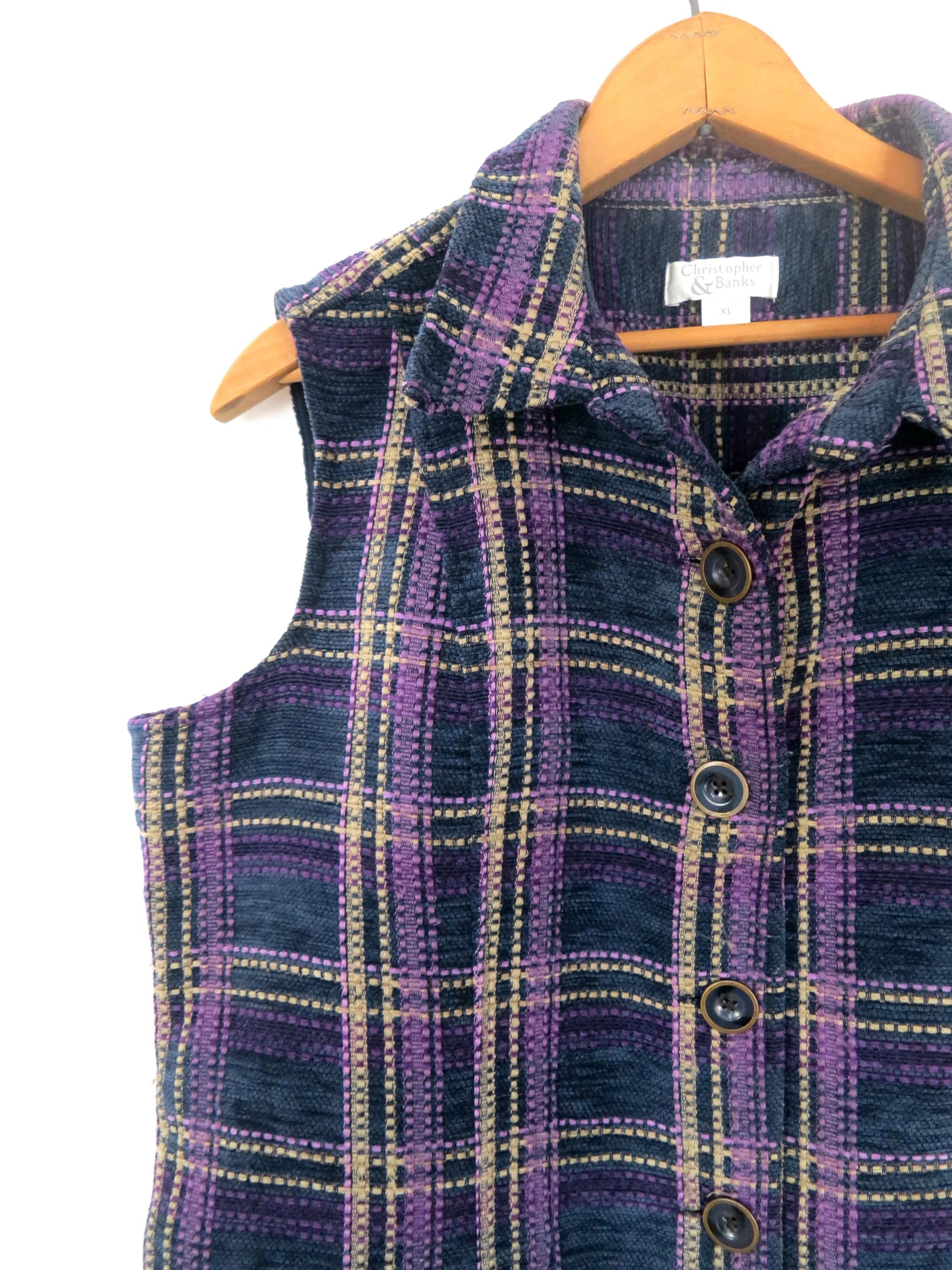 Vintage 90s Purple Blue Plaid Knit Vest: Women