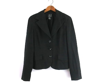 Blazer preto vintage curto: paletó estilo preppy dos anos 2000, tamanho feminino 8