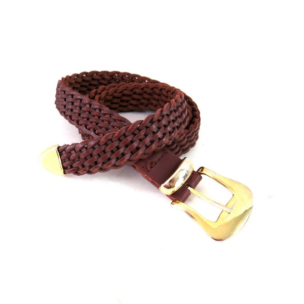 Braided Brown Leather Belt Vintage 90s Preppy Belt Woven Leather Belt Size Large