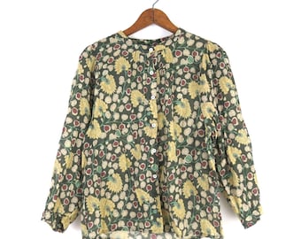 Floral Indian Blouse | Vintage Bohemian Button Up Top | Thin Cotton Festival Shirt / Women's XS