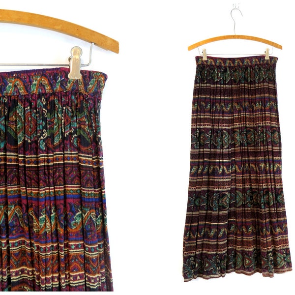 Long Boho Print Skirt Vintage Hippie Skirt Purple Pattern Rayon Maxi Skirt Women's Size Small