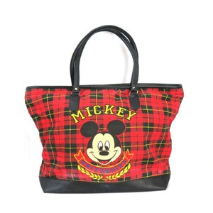 90s Vintage Mickey University Tote Red Plaid Disney Travel Bag 