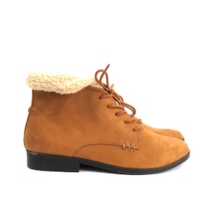 Tan Lace Up Boots Vintage 90s Fabric Booties with Ankle Cuffs Women&#39;s Size 7.5
