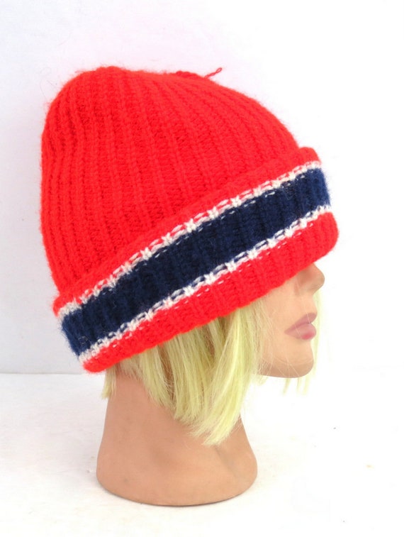 Red Blue Stocking Hat Striped Knit Stocking Cap H… - image 3