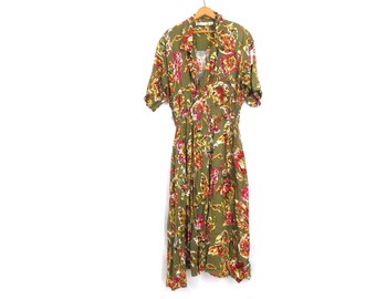 Vintage 90s Rayon Floral Safari Print Dress - Boho Wrap Style