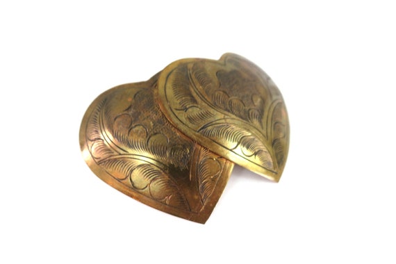 Double Heart Antiqued Brass Engraved Brooch / Vin… - image 2