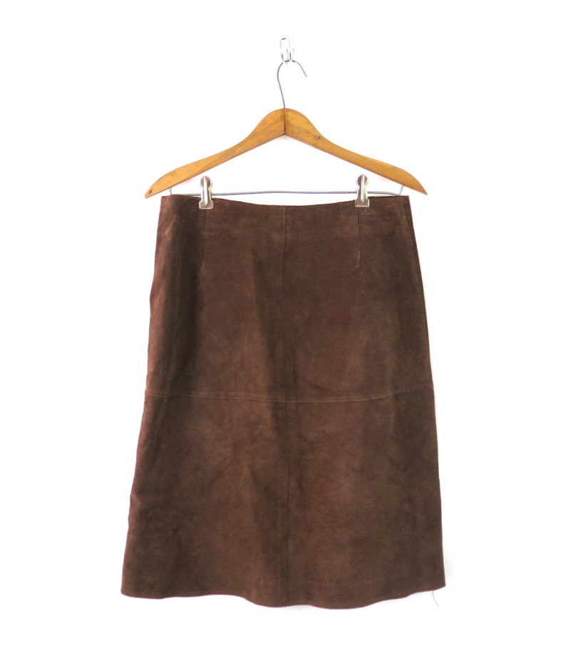 Jupe en cuir suédé Jupe marron longueur genou Jupe bohème minimaliste moderne des prairies Taille 8 pour femme image 4