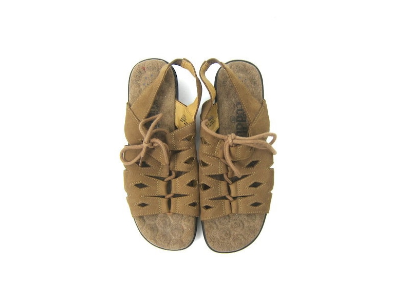 Brown Vintage Sandals leather Cut Out Tie Shoes Vintage Summer huaraches Suede leather sandals Lace Shoes Women/'s size 7.5W Wide
