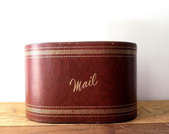 Brown Mail Letter Holder | Office Desk Basket | Vintage Oval Faux Leather Mail Organizer with Gold Guild Letters