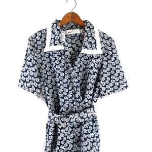 Vintage 80s Blue & White spring Wiggle dress with Peplum Ruffle waist | Size 12 / maq