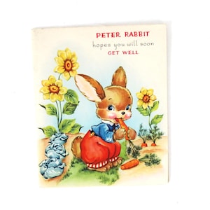 Vintage beterschapskaart jaren 1940 Peter Rabbit wenskaart stationair Retro papier kortstondige kaart Estate Sale