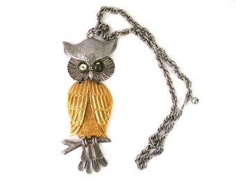 Large Articulated Owl Necklace | 2 Tone Silver & Gold Bird Necklace | 1970s Vintage Costume Jewelry