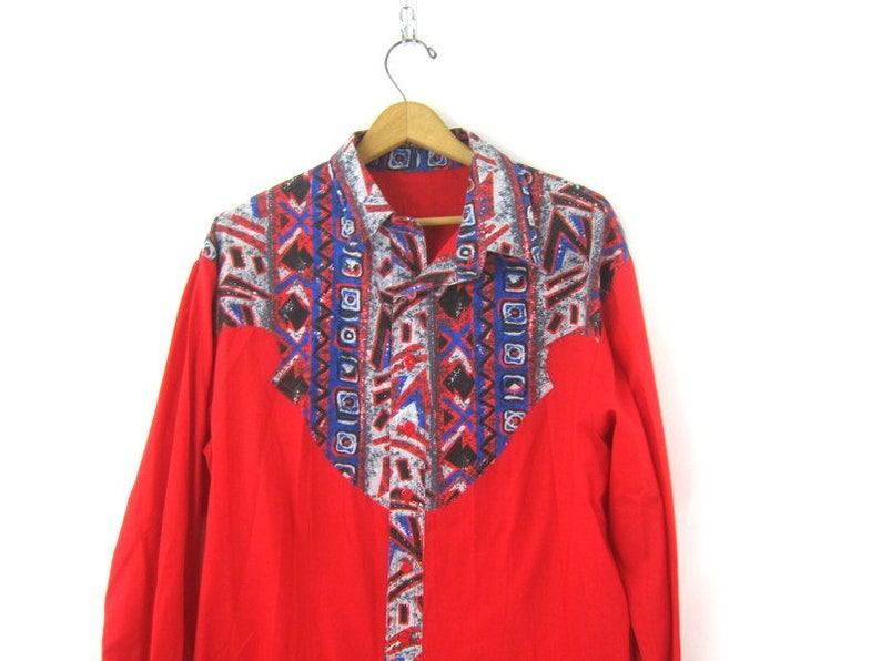 Red Western Shirt Southwestern Tribal Pattern Shirt Urban Hipster Button Up Cotton Top Men/'s Size Medium Large