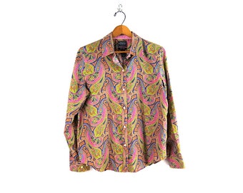 00s Paisley Blouse Collared POLO Shirt Button Up Preppy Shirt Women's Size Large