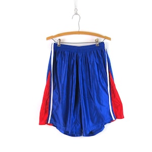 Red & Blue Nylon Shorts Powers Basketball Shorts Athletic Running Gym Shorts Retro Jogging Shorts Vintage Sportswear Size Small