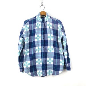 Vintage 90s Oxford Shirt Blue & White Button Up High Collar Shirt Machine Stitch Embroidered Cotton Shirt Women&#39;s Size Small