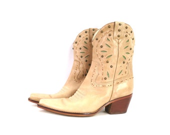 Tan Leather Cowgirl Boots Mid Calf Boots Square Toe Western Cowboy Boots by Mercer & Madison Women's Size 8