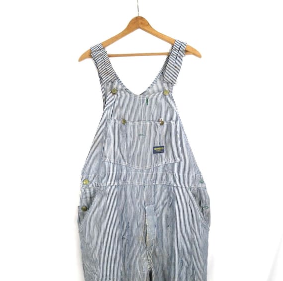 OshKosh B'gosh, Pinstriped Bib Overalls Vintage Osh Kosh Vestbak Union Made denim Jean Bibs Hickory Stripe Button Fly Work Pants size 42x30