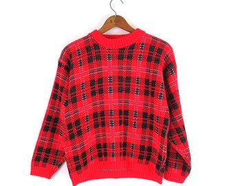 Red & Black Plaid Sweater | Cropped Knit Cardigan Sweater | Vintage 80s Sweater | Women's Size Small