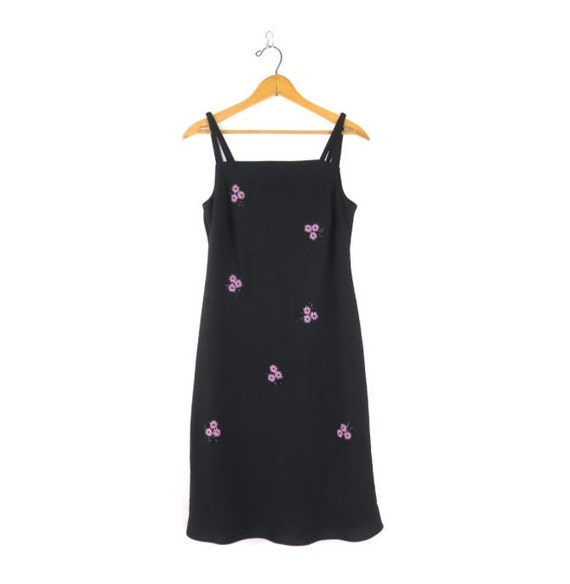 90s Vintage Black Mini Dress: Floral Beaded Sleeveless Party Dress
