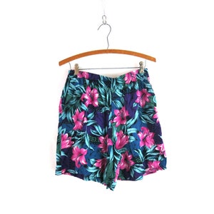 Purple Floral Rayon Shorts Tropical beach Shorts High Waist Vintage Shorts Women&#39;s Size Large