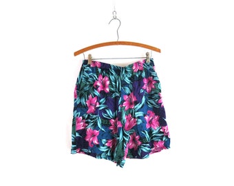 Purple Floral Rayon Shorts Tropical beach Shorts High Waist Vintage Shorts Women's Size Large