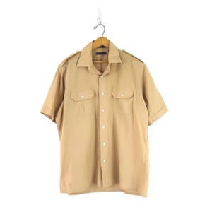 80s Vintage Boyfriend Shirt Safari Camp Uniform Shirt Khaki Button Up Work Shirt with Pockets Men&#39;s Large