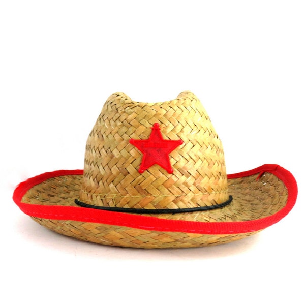 Vintage Children's Cowboy Hat Palm Straw Western Costume Cowgirl Hat with Red Sheriff Star