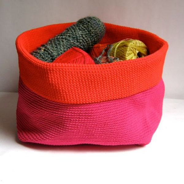 handmade pink and orange woven basket bag for storage