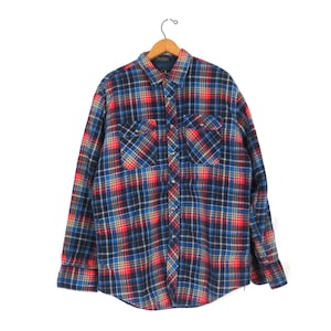 Vintage Red Blue Plaid Flannel Shirt Jacket Lined Plaid Flannel Shirt Insulated Rugged Camp Shirt Men&#39;s Size Large